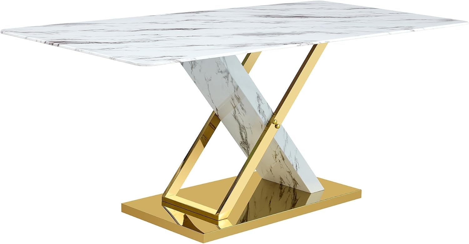 YUNDREAM Modern Marble Dining Table Set for 8,Black Gold 71'' Dining Room Table with Chrome Plated X-Shaped Frame and Black Leather Dining Chairs,Easy Assemble,Kitchen Table and Chairs for Dining Room