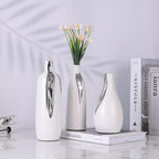 Ceramic Vase 3 Piece Set, White and Silver Vases for Home Decor, Decorative Vases for Mantels, Shelves and Entryway Decor, Dining Table Centerpieces, Living Rooms, Fireplaces and Kitchen Decor.