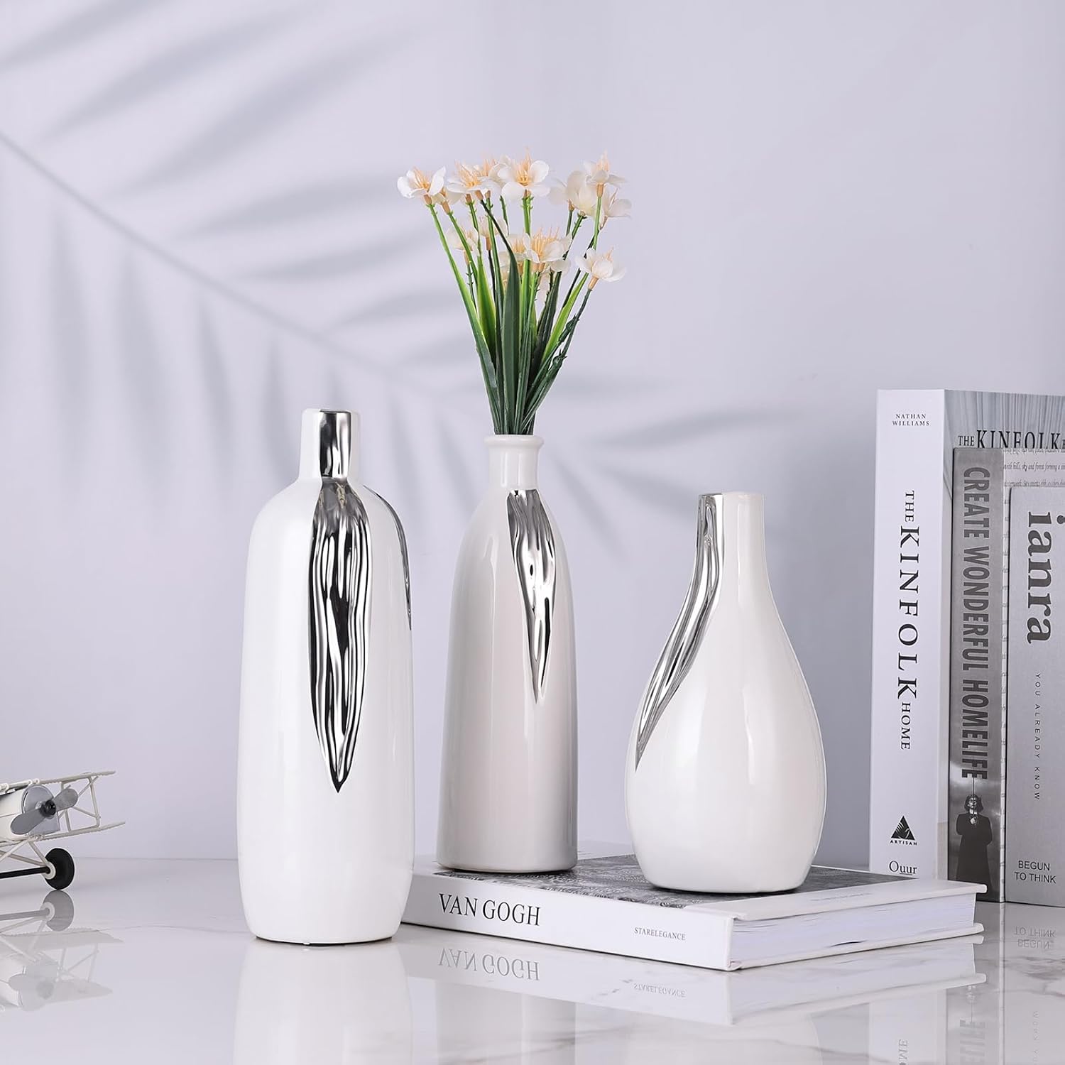 Ceramic Vase 3 Piece Set, White and Silver Vases for Home Decor, Decorative Vases for Mantels, Shelves and Entryway Decor, Dining Table Centerpieces, Living Rooms, Fireplaces and Kitchen Decor.