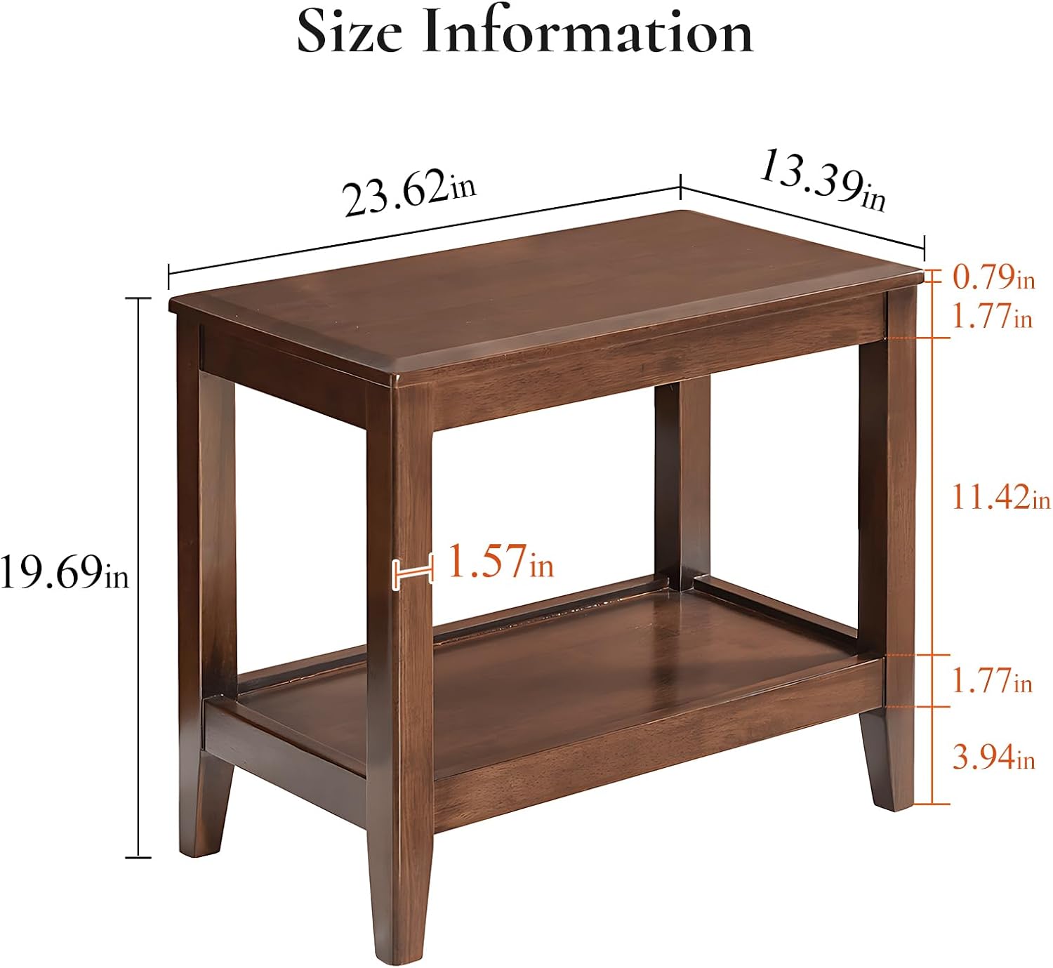 Side Table, Solid Wood Rectangular End Table with Storage Shelf, 2-Tier Coffee Table for Living Room, Rubber Wood Small Sofa Table, Nightstand 19.69 H x 13.39 W x 23.62 D Inches (Walnut)