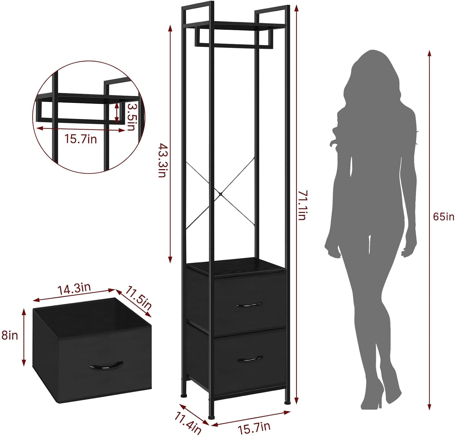 smusei Clothes Rack 3 Tiers Heavy Duty Coat Rack with 2 Fabric Drawers and Storage Shelves Freestanding Cloth Hanger Garment Rack for Bedroom Entryway Living room Black