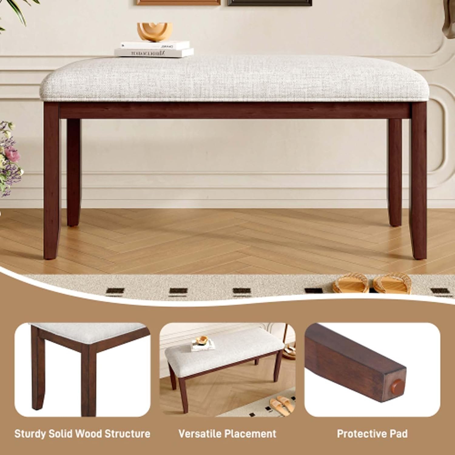 Padded Seating Bench Fabric Upholstered Stable Support Household Furniture Multi Space Use Quick Assembly Daily Durability Comfortable Resting Spot Extra Seating