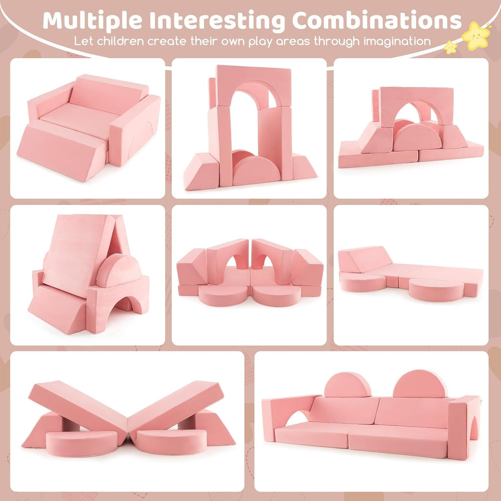 Costzon Convertible Toddler Couch, 8PCS Kids Modular Play Sofa w/Detachable Cover for Playroom, Creative Couch for Playing, Creating & Sleeping, Imaginative Furniture for Girls & Boys (Pink)
