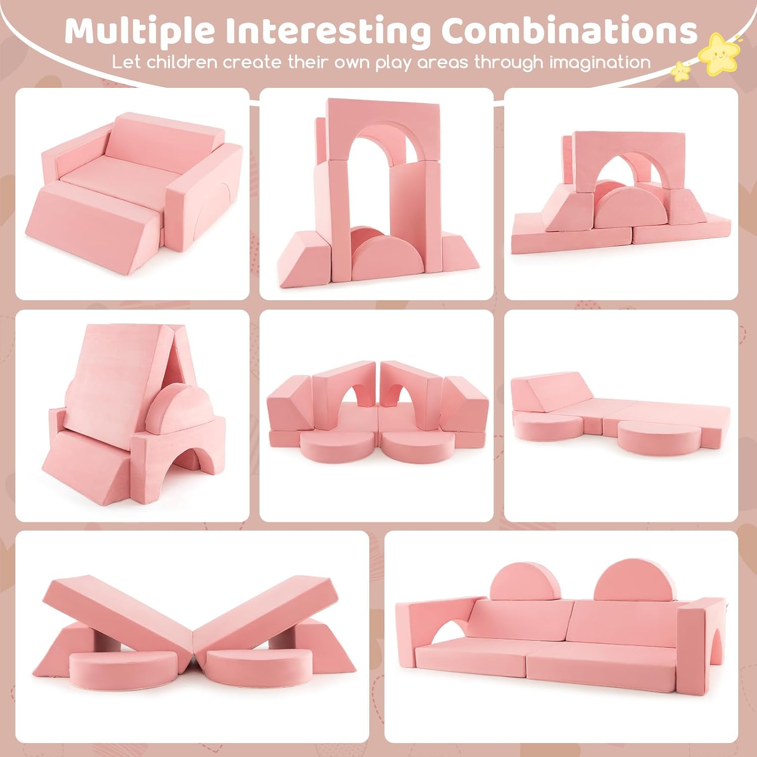 Costzon Convertible Toddler Couch, 8PCS Kids Modular Play Sofa w/Detachable Cover for Playroom, Creative Couch for Playing, Creating & Sleeping, Imaginative Furniture for Girls & Boys (Pink)