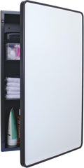 16x26 Austin Farmhouse Metal Framed Rounded Rectangle Recessed Bathroom Medicine Cabinet, Beveled Mirror, 14x24 in-Wall Opening, powder-coated Steel, Adjustable Glass Shelves, Magnet Close, Black