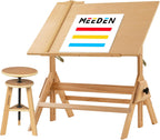 MEEDEN Wood Drafting Table & Stool Set,Artist Stool and Craft Table with Adjustable Height,Tiltable Tabletop for Artwork, Graphic Design, Reading, Writing
