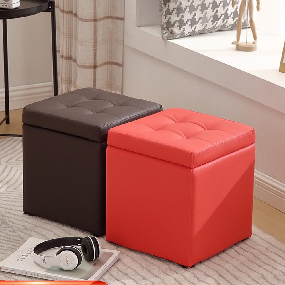 Square Ottoman Storage 12x12x14inch Small Cube Foot Rest Stool with Hinged Lid,Faux Leather Padded Seat Waterproof Toy Box for Living Room Bedroom (Pink)