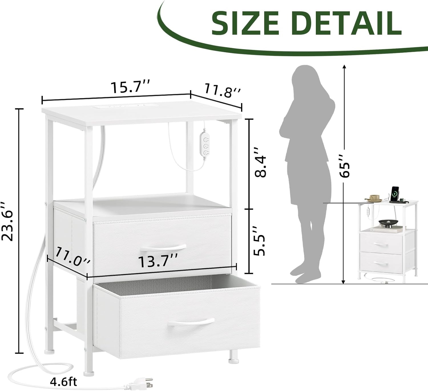 Somdot Nightstand with 2 Drawers, Charging Station & LED Light | Fabric-Bin Dresser for Bedroom, Bedside, Kids Room, Dorm, Closet, Laundry and Entryway, White