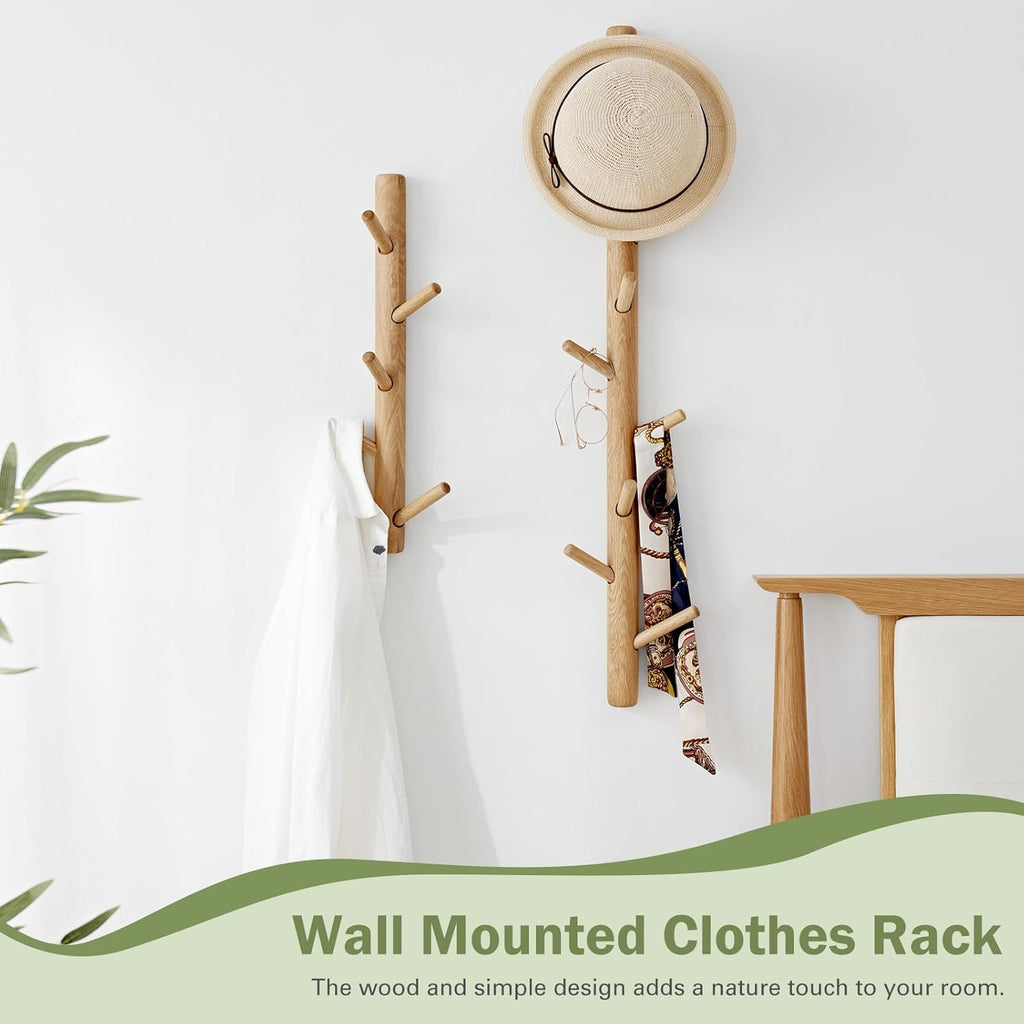 Vertical Coat Rack Wall Mounted - Height 20 Inches, Oak Wood Vertical Hat Rack for Wall with 5 Hooks, Modern Coat Rack Tree for Hanging Hats, Jackets, Bags in Entryway Bedroom Office