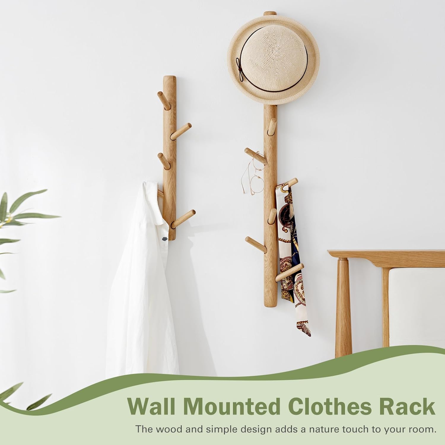 Vertical Coat Rack Wall Mounted - Height 20 Inches, Oak Wood Vertical Hat Rack for Wall with 5 Hooks, Modern Coat Rack Tree for Hanging Hats, Jackets, Bags in Entryway Bedroom Office