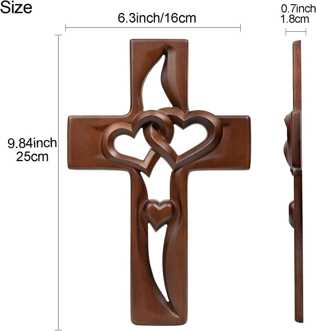 Hand-Carved Intertwined Hearts 9.84 inches Wooden Wall Cross for Wall Sacred, Mothers Day Gifts for Mom ,Handmade Hanging Cross Heart-Shaped Decoration Marriage Wedding Valentine Wood Decorative Gift