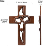 Hand-Carved Intertwined Hearts 9.84 inches Wooden Wall Cross for Wall Sacred, Mothers Day Gifts for Mom ,Handmade Hanging Cross Heart-Shaped Decoration Marriage Wedding Valentine Wood Decorative Gift