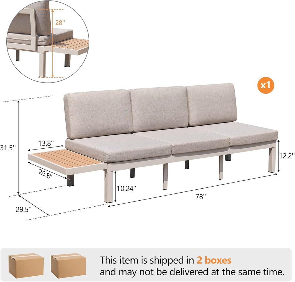 3-Seat Modular Aluminum Outdoor Sofa, Adjustable Reclining Design with Removable Side Table, All-Weather Patio Furniture Set with Water-Resistant Cushions for Backyard Poolside, Beige