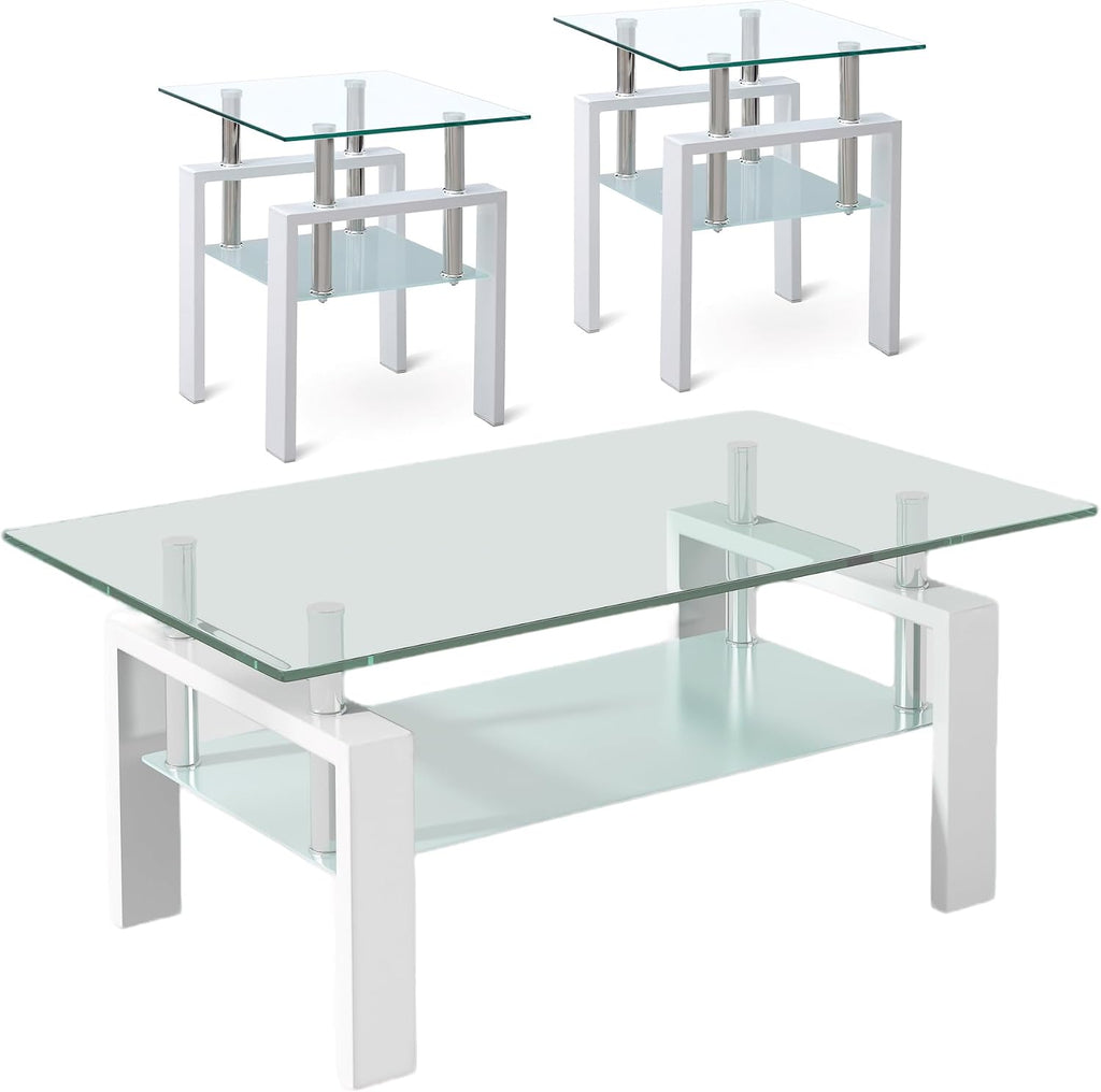 Tempered Glass Coffee Table Set of 3 Coffee Table and End Tables Set,Living Room Tables Set,Coffee Table & Side Table Set of 2,Glass Table Top,Metal Legs (White)