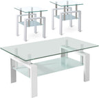 Tempered Glass Coffee Table Set of 3 Coffee Table and End Tables Set,Living Room Tables Set,Coffee Table & Side Table Set of 2,Glass Table Top,Metal Legs (White)