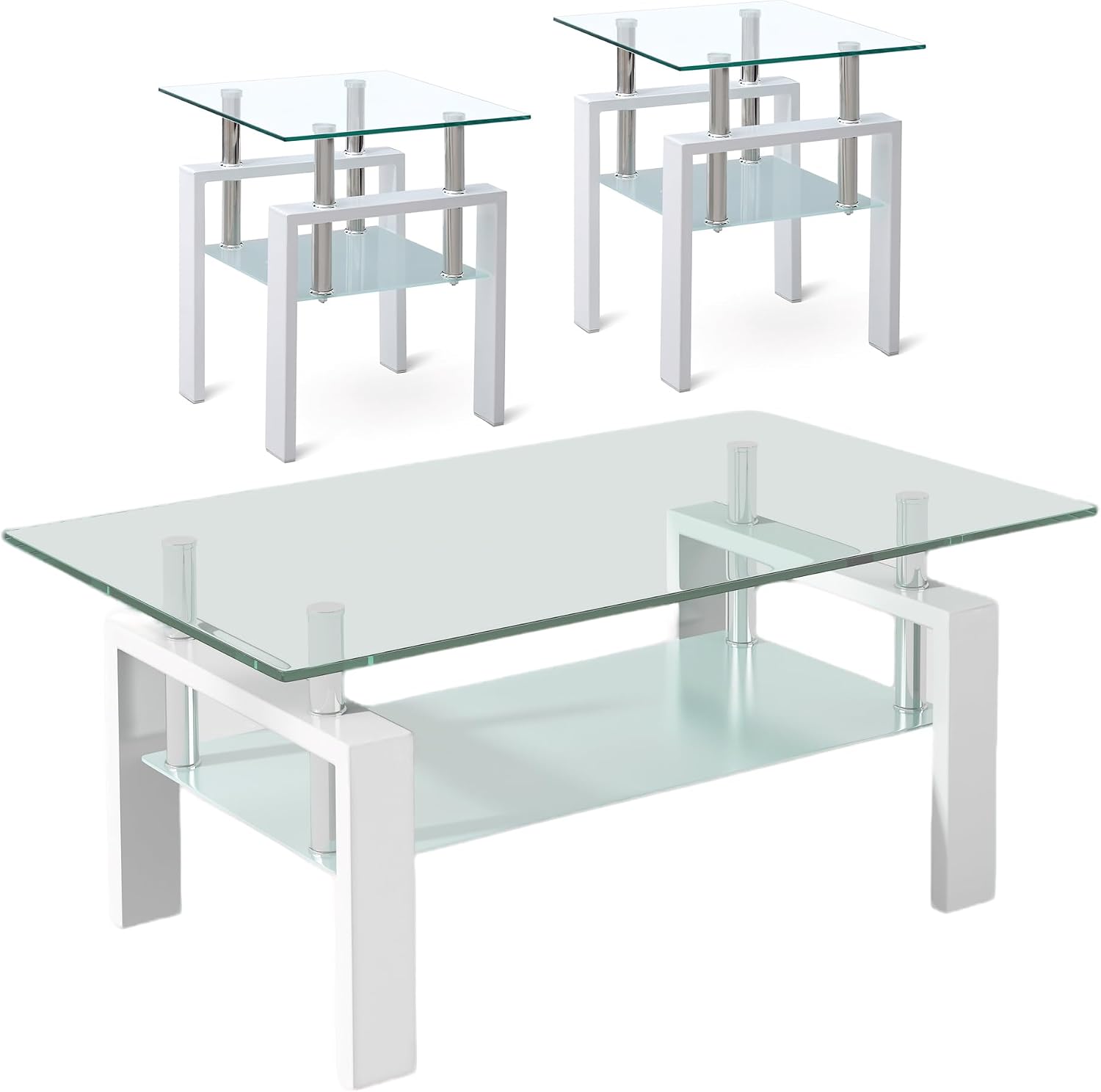 Tempered Glass Coffee Table Set of 3 Coffee Table and End Tables Set,Living Room Tables Set,Coffee Table & Side Table Set of 2,Glass Table Top,Metal Legs (White)