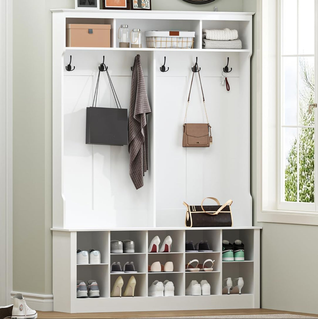 Wodeer Hall Tree with Bench and Shoe Storage, 53" Farmhouse 4-in-1 Mudroom Storage Organizer with Coat Rack, 6 Hooks, 12 Shoe Cubbies, Adjustable Shelf, for Entryway, Hallway, Living Room, White