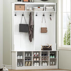 Wodeer Hall Tree with Bench and Shoe Storage, 53" Farmhouse 4-in-1 Mudroom Storage Organizer with Coat Rack, 6 Hooks, 12 Shoe Cubbies, Adjustable Shelf, for Entryway, Hallway, Living Room, White