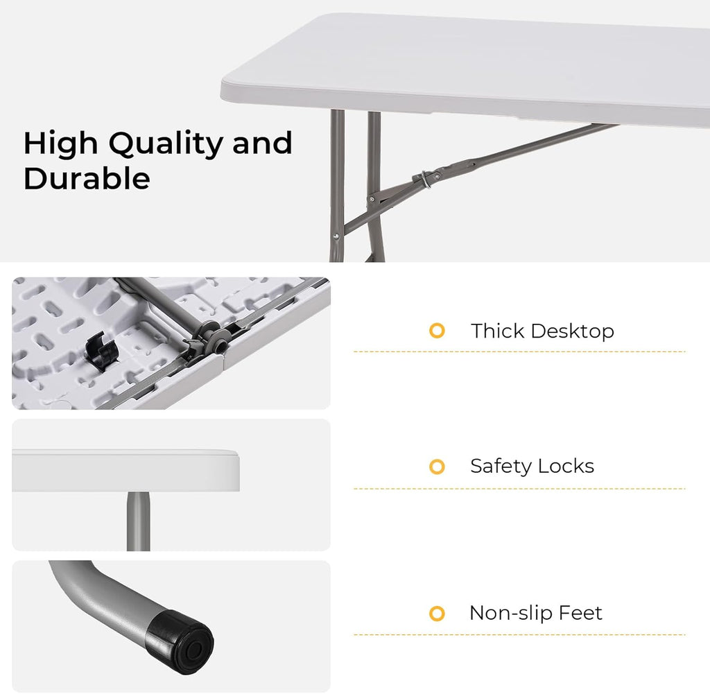6ft Folding Table with Black Table Cloth Indoor, Foldable Desk with HDPE Tabletop, Safety Locks, Easy to Carry and Store, No-Assembly Outdoor Camping Table for Dining, Party, Picnic, White