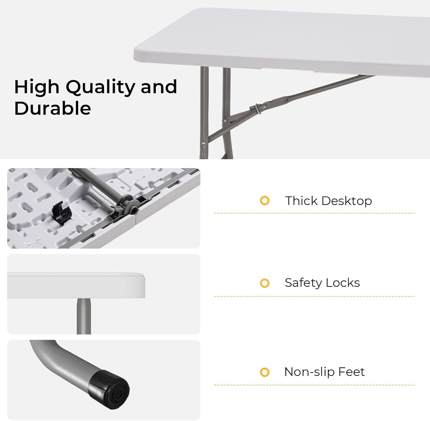 6ft Folding Table with Black Table Cloth Indoor, Foldable Desk with HDPE Tabletop, Safety Locks, Easy to Carry and Store, No-Assembly Outdoor Camping Table for Dining, Party, Picnic, White