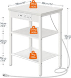 HOOBRO Side Tables Set of 2 with Charging Station and USB Port, Small End Tables for Small Space, 3-Tier Nightstands with Adjustable Shelf, for Living Room, Bedroom, White WW112BZP201