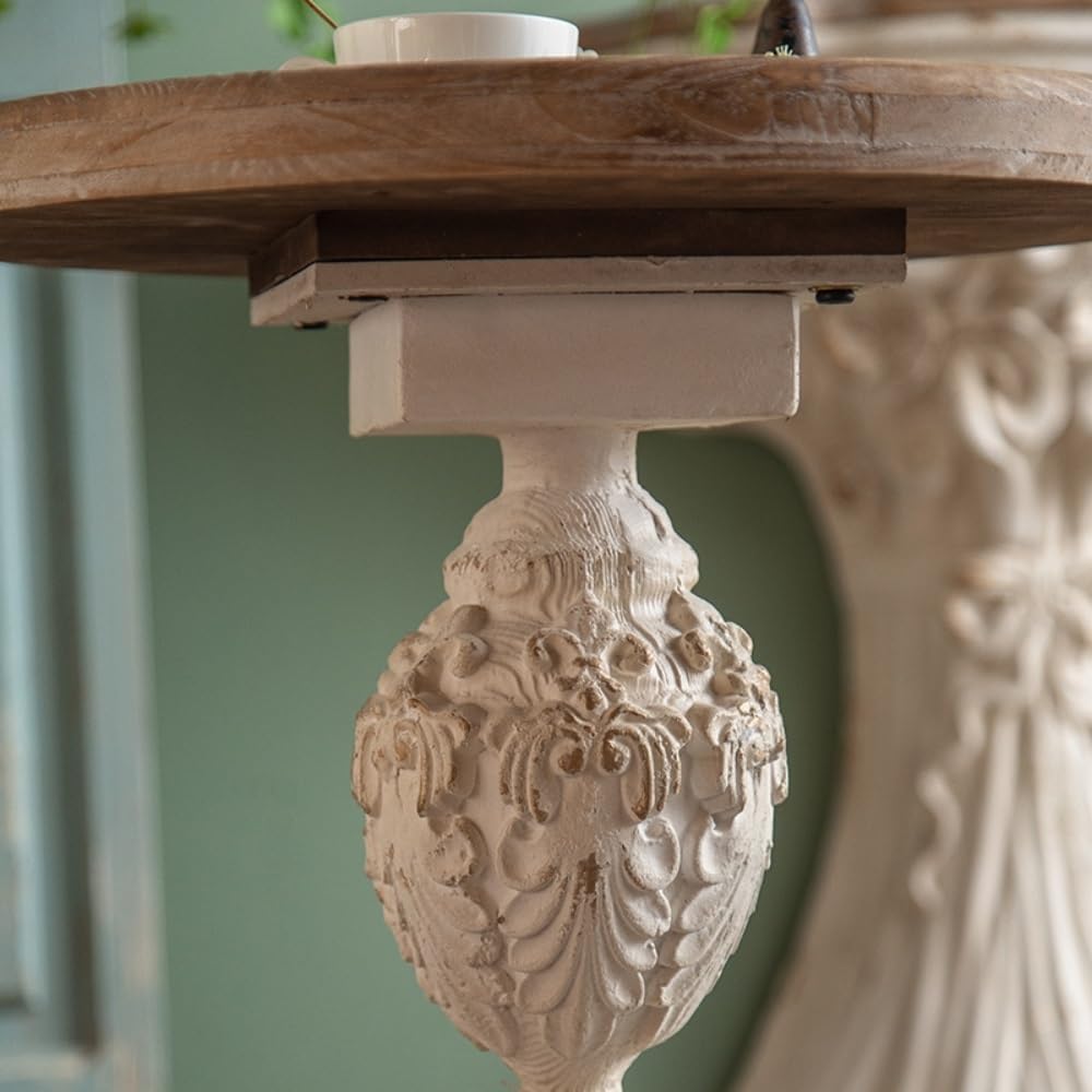 Vintage Round Side Table with Carved Pedestal, Rustic Accent End Table for Living Room, Balcony or Entryway Decor