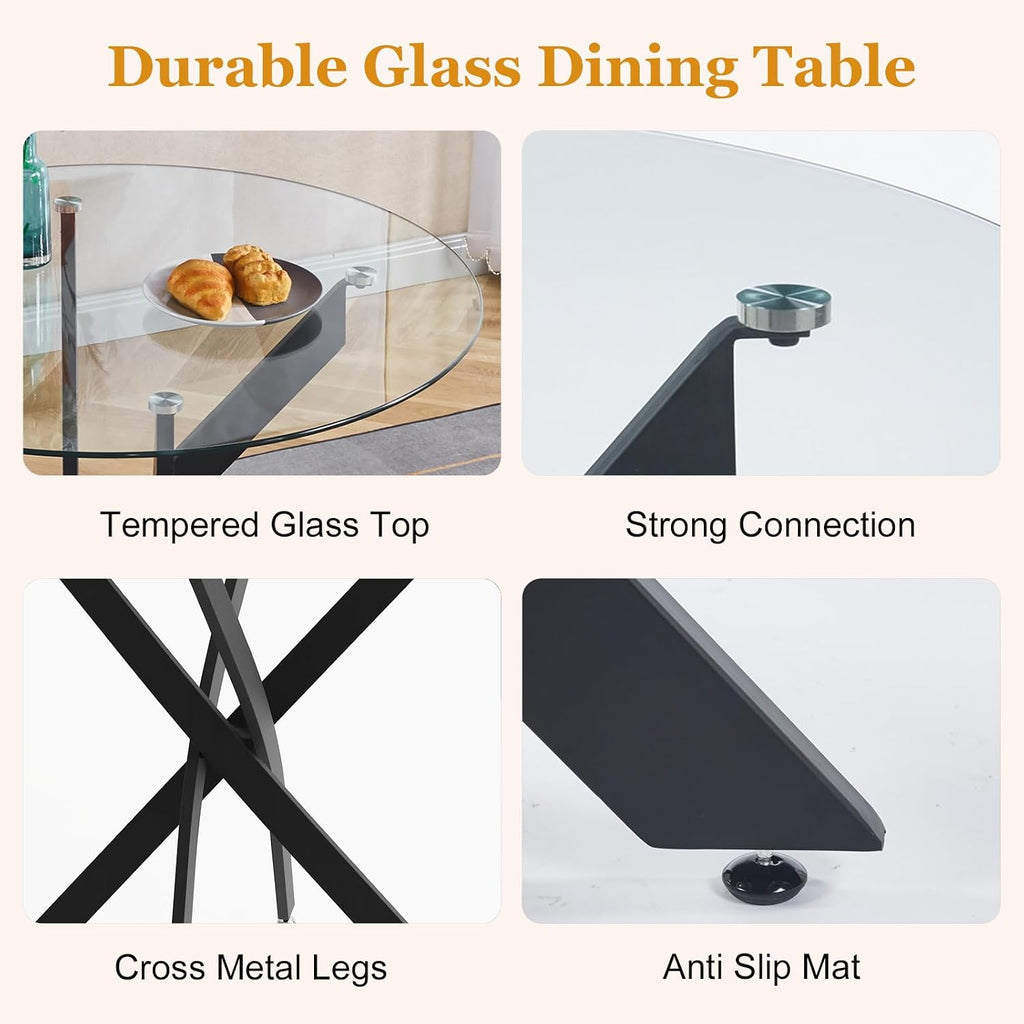 Dining Table Set for 4, Round Glass Kitchen Table with 4 Black Upholstered Velvet Accent Chairs, 5-Piece Modern Dining Room Set for Kitchen, Apartment, Small Spaces