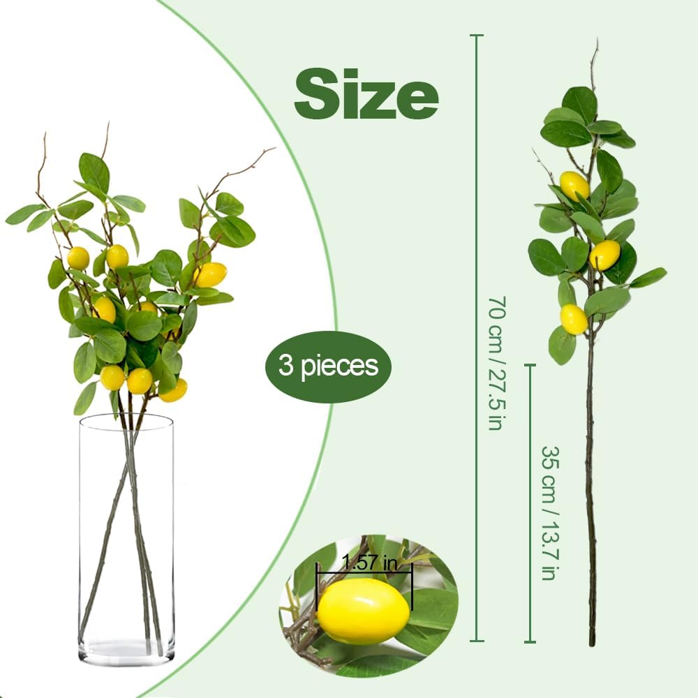 Artificial Lemons Branches 3pcs 27.5inch Lemon Stems for Vases Realistic Fruit Bouquet Faux Lemon Tree Branch Fake Lemons for Kitchen Home Wedding Party Spring Summer Decorations DIY Floral Crafts