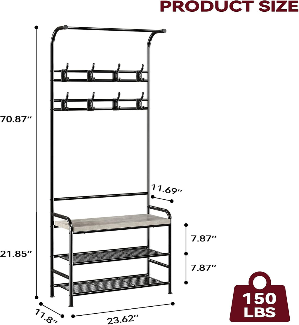IDEALHOUSE Narrow Hall Tree Storage Bench, 4-in-1 Coat Rack with 3-Tier Shelf and 8 Hooks, Rustic Grey