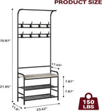 IDEALHOUSE Narrow Hall Tree Storage Bench, 4-in-1 Coat Rack with 3-Tier Shelf and 8 Hooks, Rustic Grey