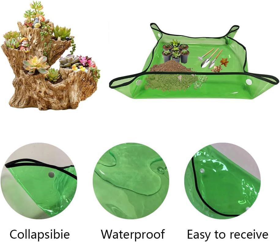 Large 39.4"*39.4" Repotting Mat for Indoor Plants Transplanting, Waterproof Heavy Duty Potting Tray for Mess Control, Succulent Potting, Gardening Mat, Patio Bonsai Tools, Clear Green