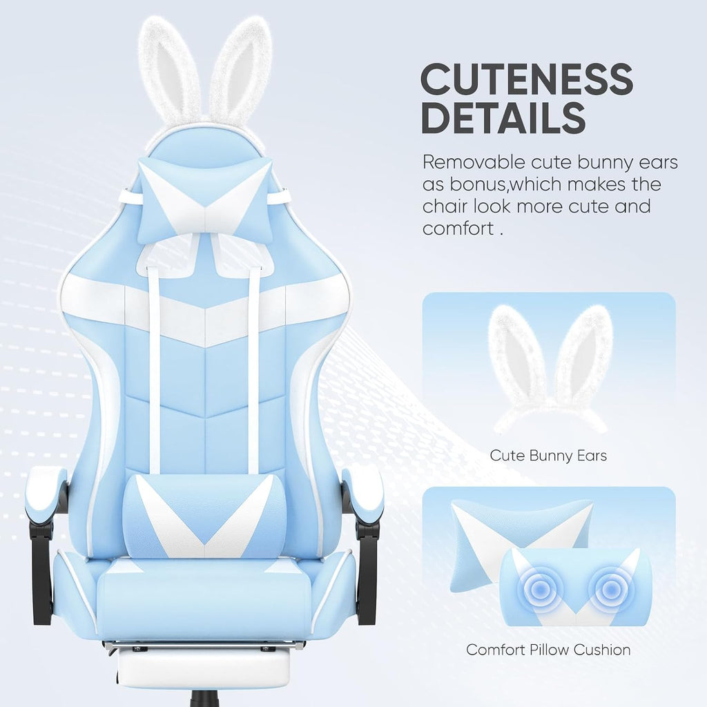 Huracan Gaming Computer Chair with Footrest, Adjustable Video Game Chairs for Adults, Heavy Duty Office Chair with Headrest and Lumbar Support, Baby Blue