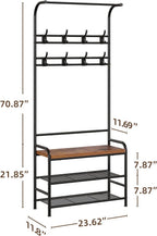 Amyove Coat Rack Shoe Bench, 3-in-1 Hall Tree Shoe Rack for Entryway, 3-Tier Storage Shelf and 8 Hooks Removable, Industrial Accent Furniture with Steel Frame, Multifunctional Hallway Organizer