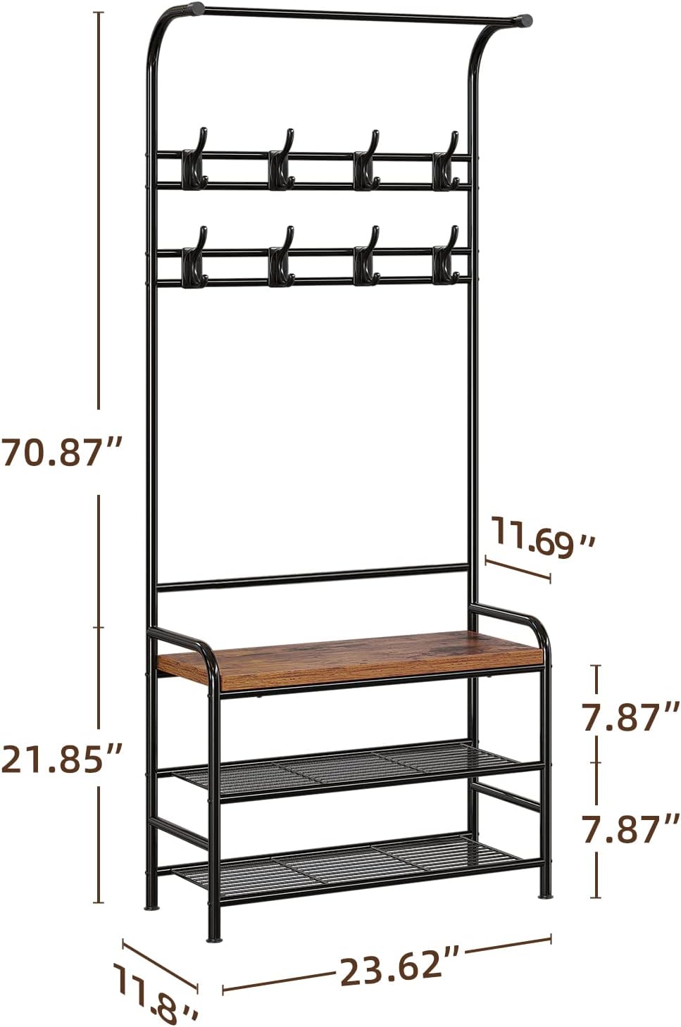 Amyove Coat Rack Shoe Bench, 3-in-1 Hall Tree Shoe Rack for Entryway, 3-Tier Storage Shelf and 8 Hooks Removable, Industrial Accent Furniture with Steel Frame, Multifunctional Hallway Organizer