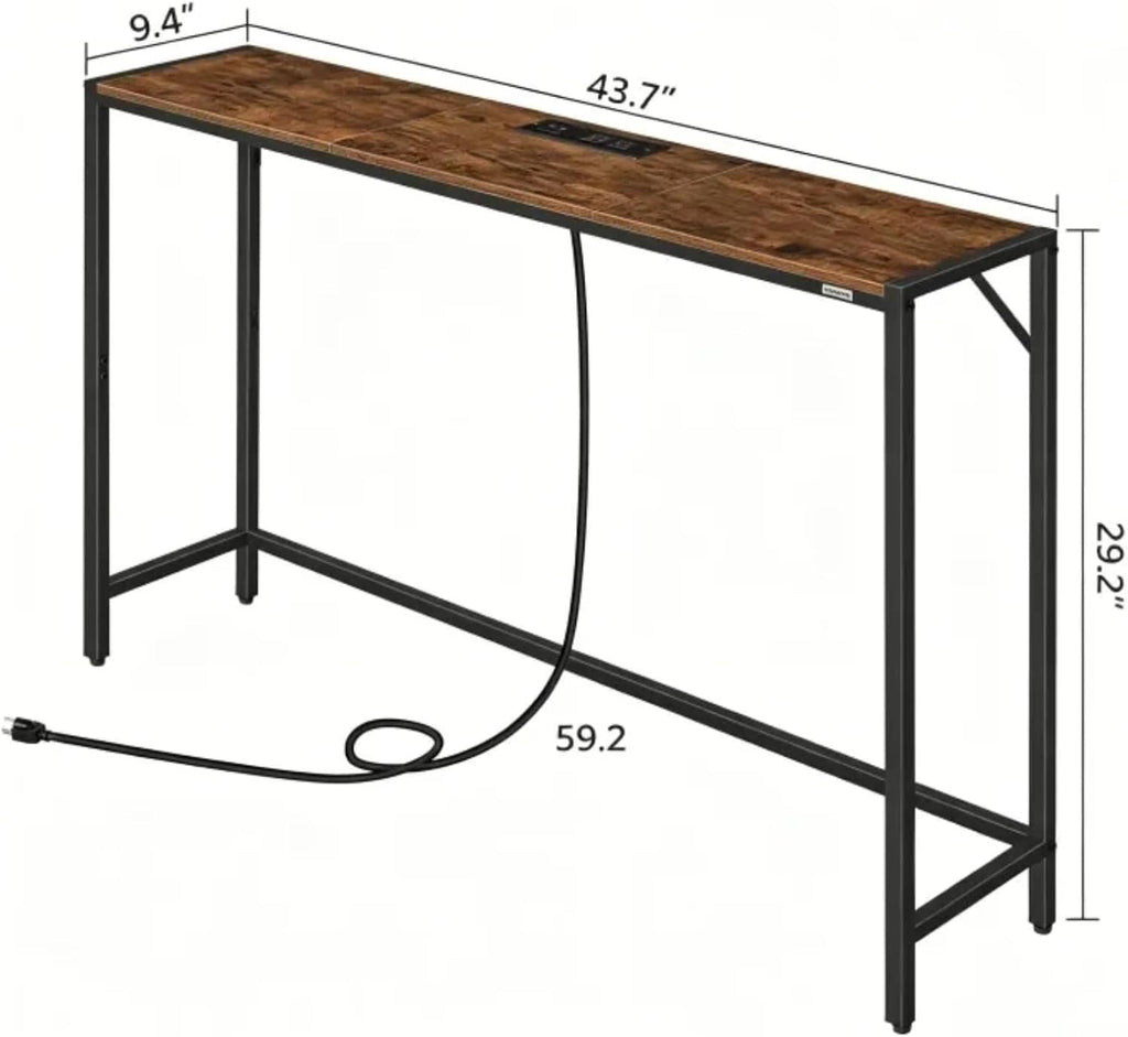 MAHANCRIS Console Table, Narrow Sofa Table, 43.7” Entrance Table with Power Station, Behind Couch Table, Simple Style, for Living Room, Hallway, Entryway, Foyer, Rustic Brown and Black CTHR112E01