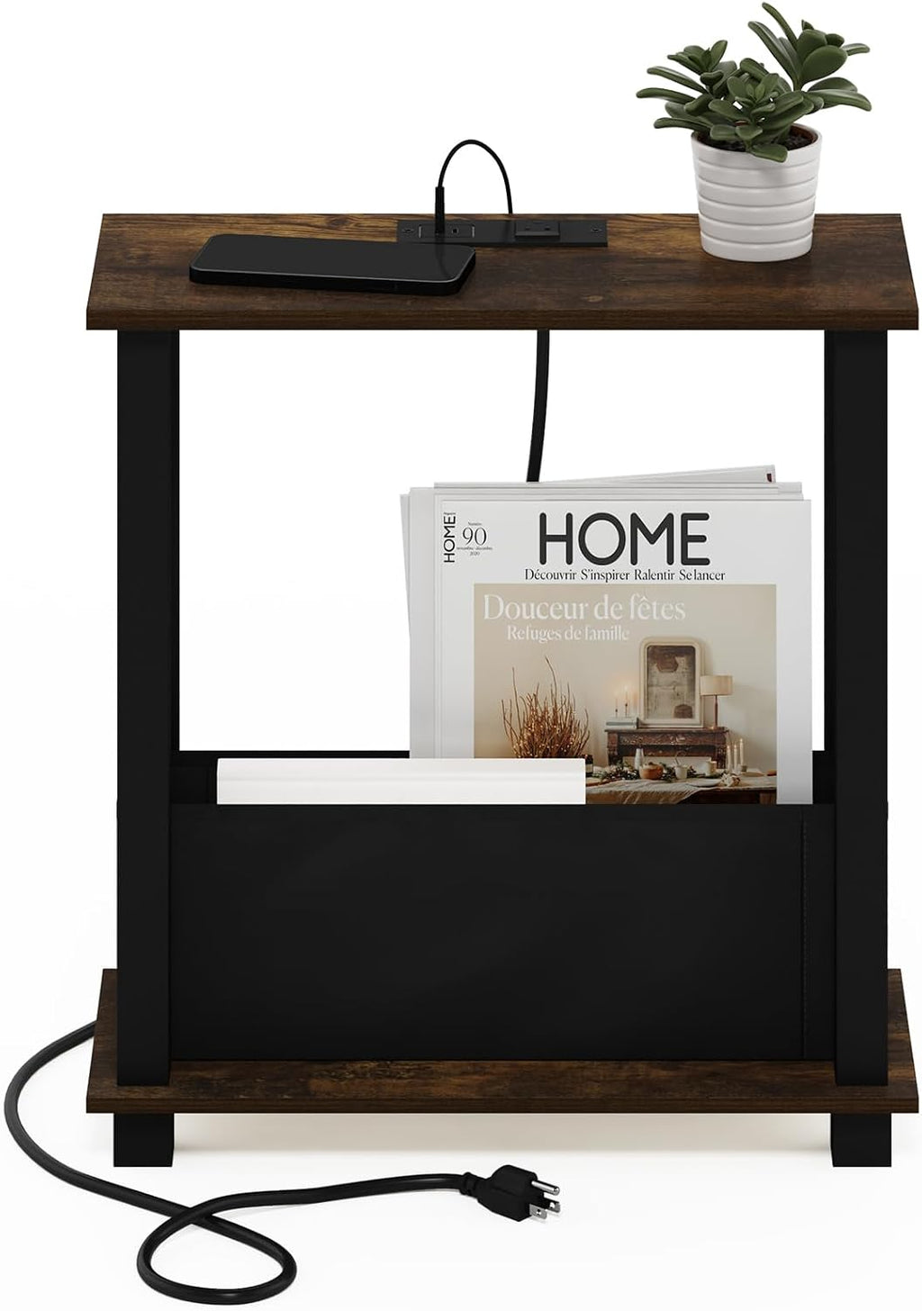 Furinno Turn-S-Tube 2-Tier Slim Narrow Side Table with Charging Station and Storage Bins, End Table, Night Stand, Bedside Table with USB and Type-C Charging Port, for Living Room, Bedroom, Amber Oak