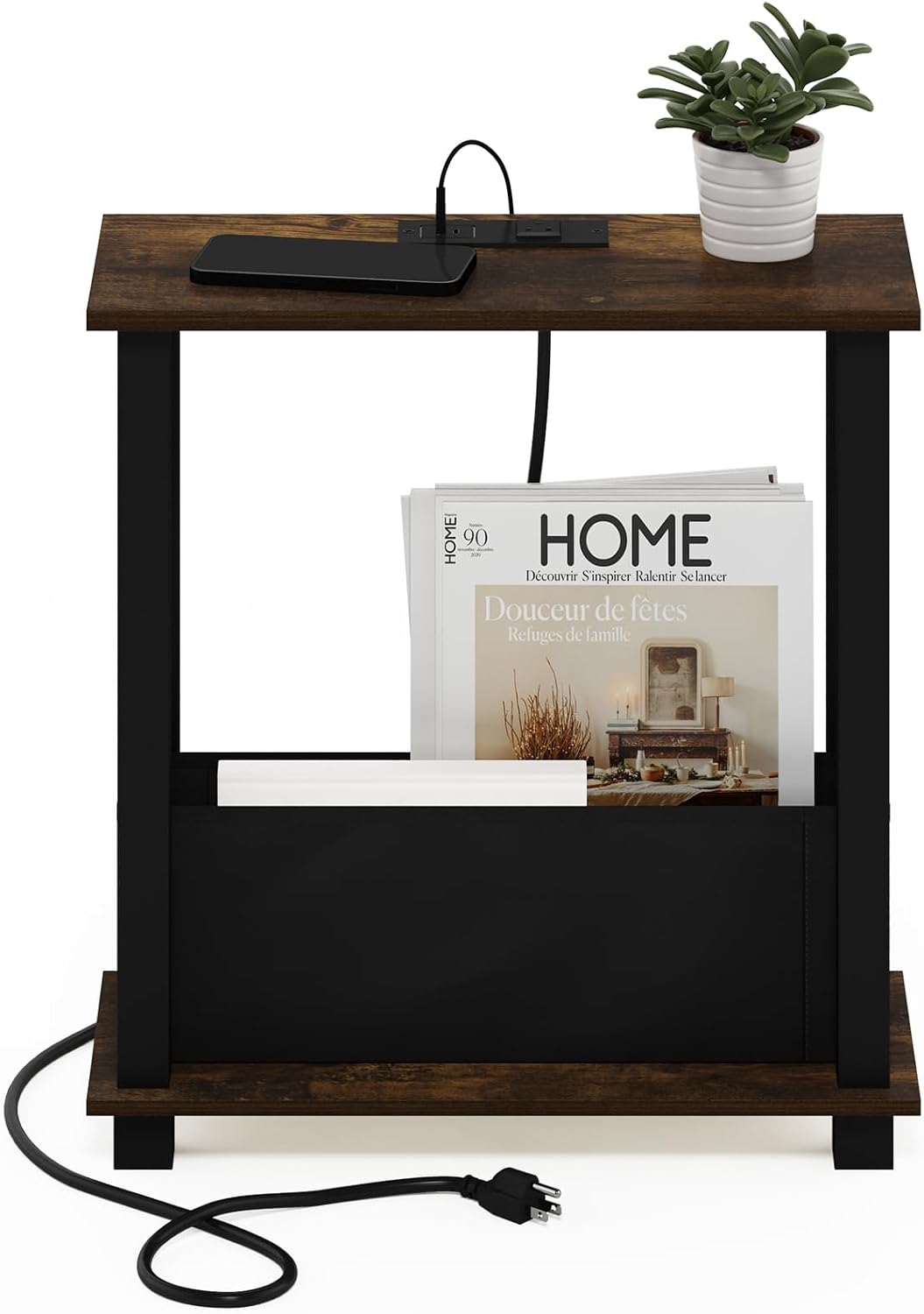 Furinno Turn-S-Tube 2-Tier Slim Narrow Side Table with Charging Station and Storage Bins, End Table, Night Stand, Bedside Table with USB and Type-C Charging Port, for Living Room, Bedroom, Amber Oak