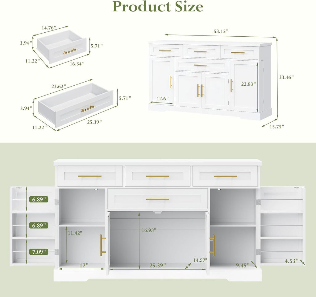 Concho 54" Buffet Cabinet with Storage, Kitchen Sideboards Small Coffee Bar Cabinet with 4 Drawers, Modern Kitchen Storage Cabinet for Living Room, Pure White