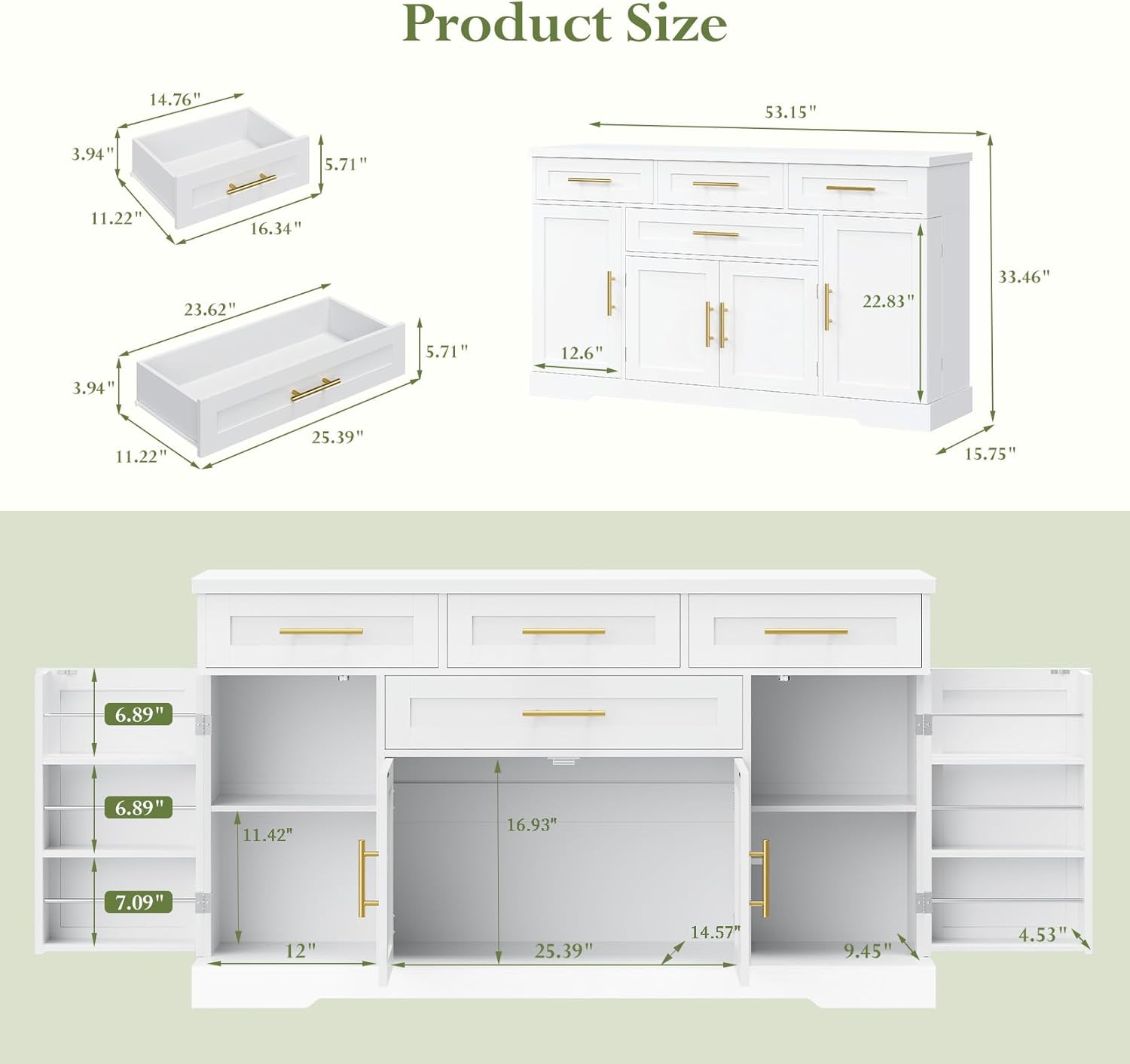 Concho 54" Buffet Cabinet with Storage, Kitchen Sideboards Small Coffee Bar Cabinet with 4 Drawers, Modern Kitchen Storage Cabinet for Living Room, Pure White