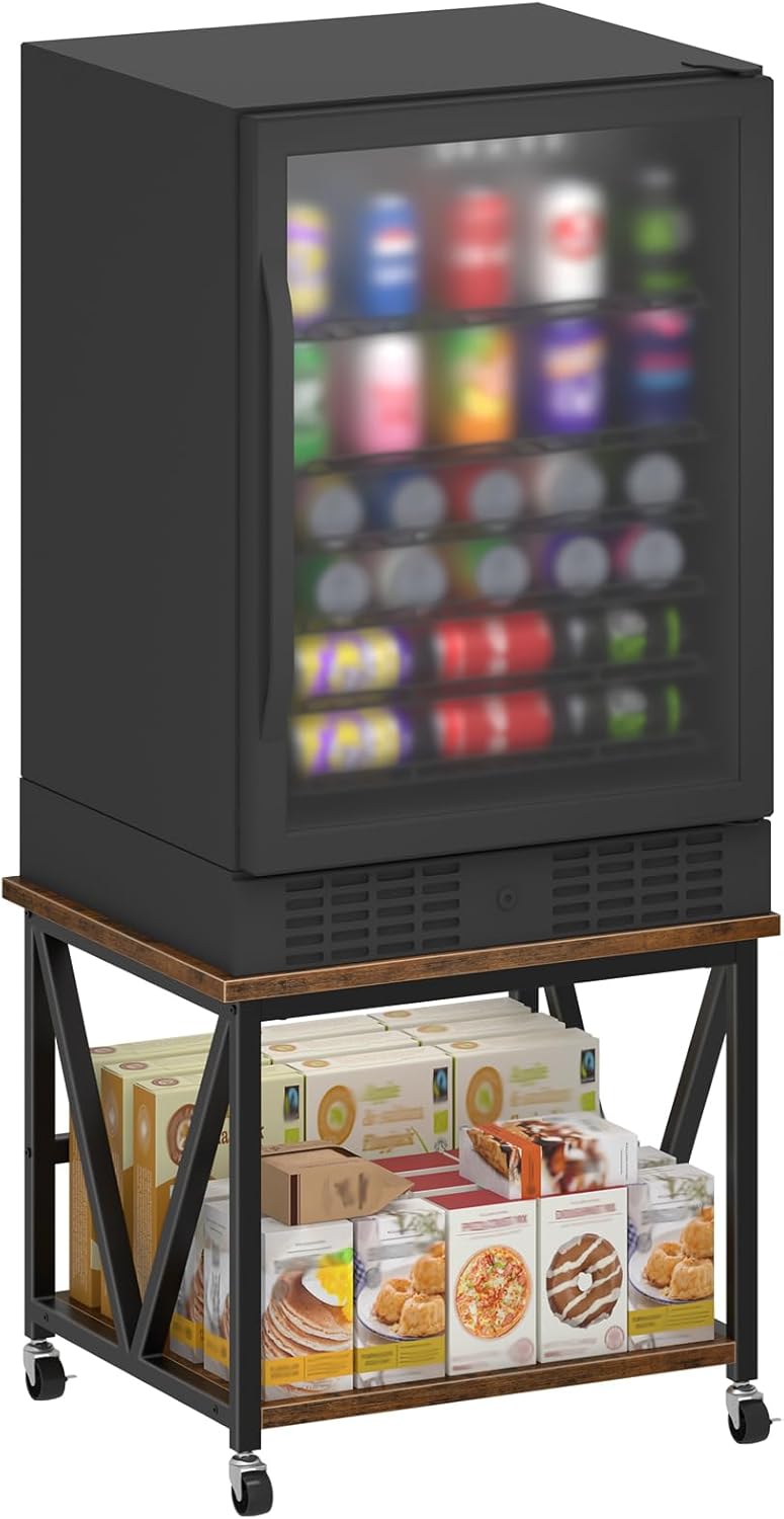 HOOBRO Mini Fridge Stand with 2-Tier Storage Shelf, 19.7” Square End Table, Mini Fridge Table with Wheels and Adjustable Feet, Sturdy Metal Frame for Living Room, Bedroom, Rustic Brown BF01BX01