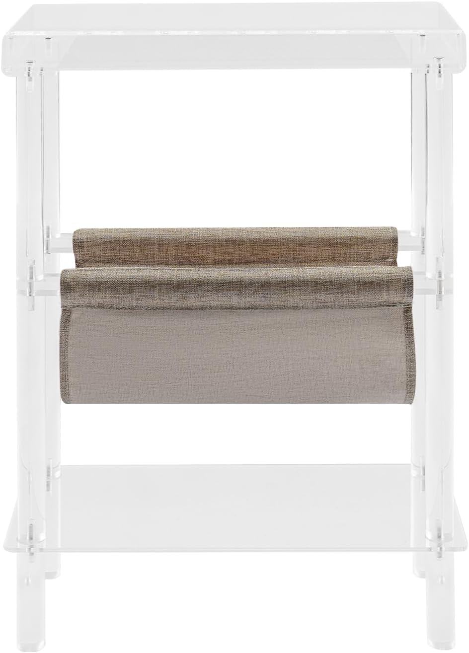 Acrylic Narrow Side Table for Small Spaces, 7" W×23.9" H x 15.7" L Slim End Table with Magazine Holder, Clear Skinny Bedside Table Nightstand for Living Room, Bedroom, Sofa