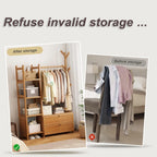 Open Wardrobe for Bedroom - Wooden Clothes Rail with Drawers, Free Standing Garment Rack, Style for Clothes Storage