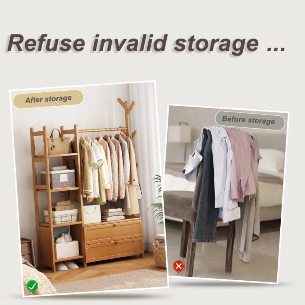Open Wardrobe for Bedroom - Wooden Clothes Rail with Drawers, Free Standing Garment Rack, Style for Clothes Storage