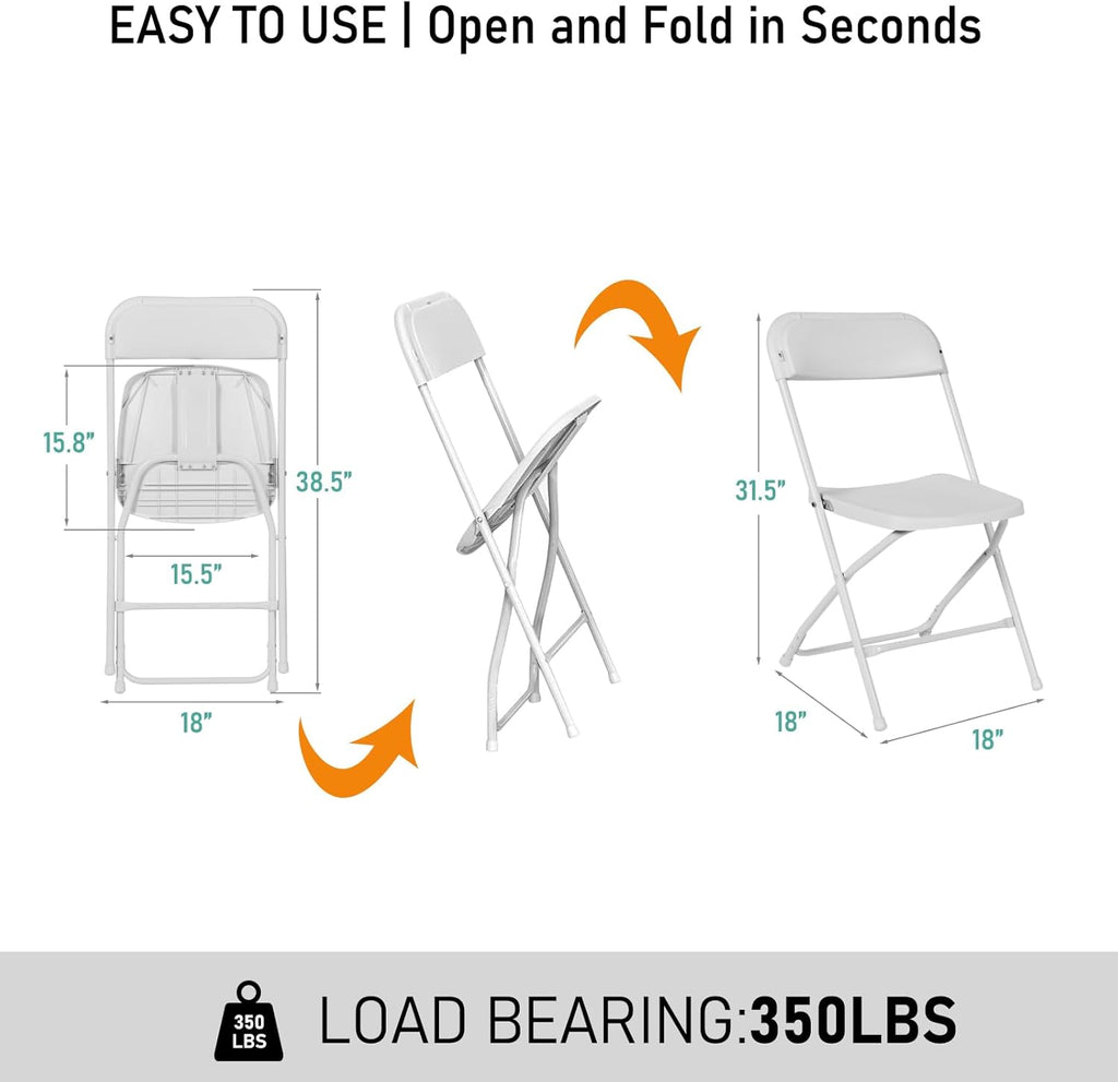 100 Pack White Plastic Folding Chairs, Portable Stackable Commercial Chairs with Steel Frame, 350 lb Capacity Indoor Outdoor Seating for Wedding Party Event Office Dining