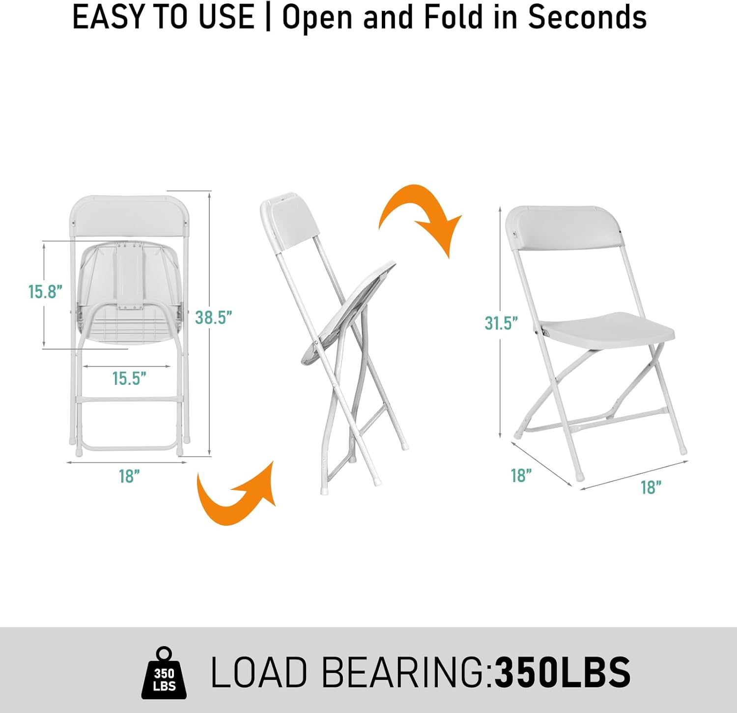 100 Pack White Plastic Folding Chairs, Portable Stackable Commercial Chairs with Steel Frame, 350 lb Capacity Indoor Outdoor Seating for Wedding Party Event Office Dining