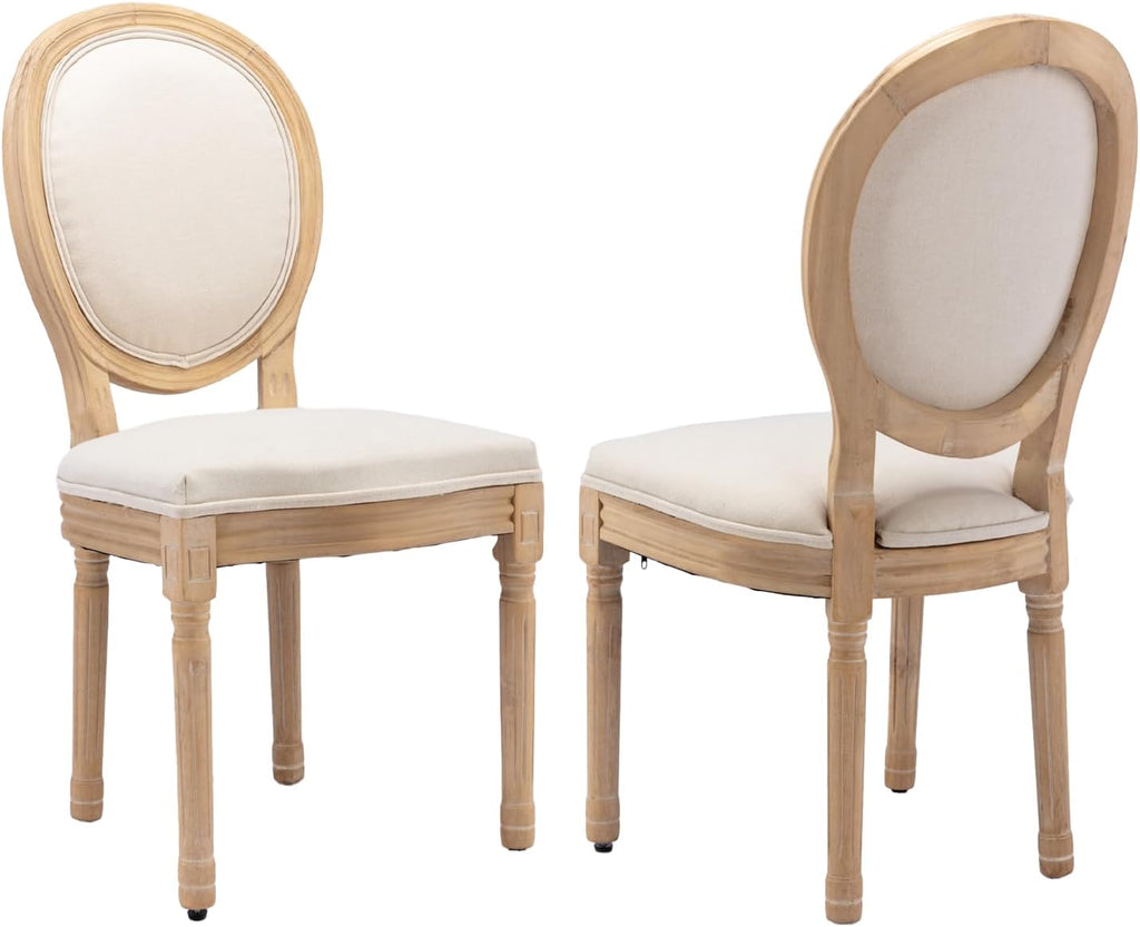 French Country Dining Chairs Set of 2,Farmhouse Upholstered Dining Room Chairs with Round Back and Solid Leg,Fabric Kitchen Side Chairs for Kitchen/Bedroom/Dining Room,Beige