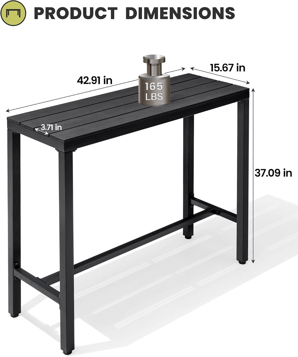 Crestlive Products Outdoor Bar Table, 43'' Rectangle Patio Counter Height Table High Pub Table with Waterproof Top and Sturdy Metal Frame for Balcony, Bistro, Garden, Backyard, Hot Tub(Black)