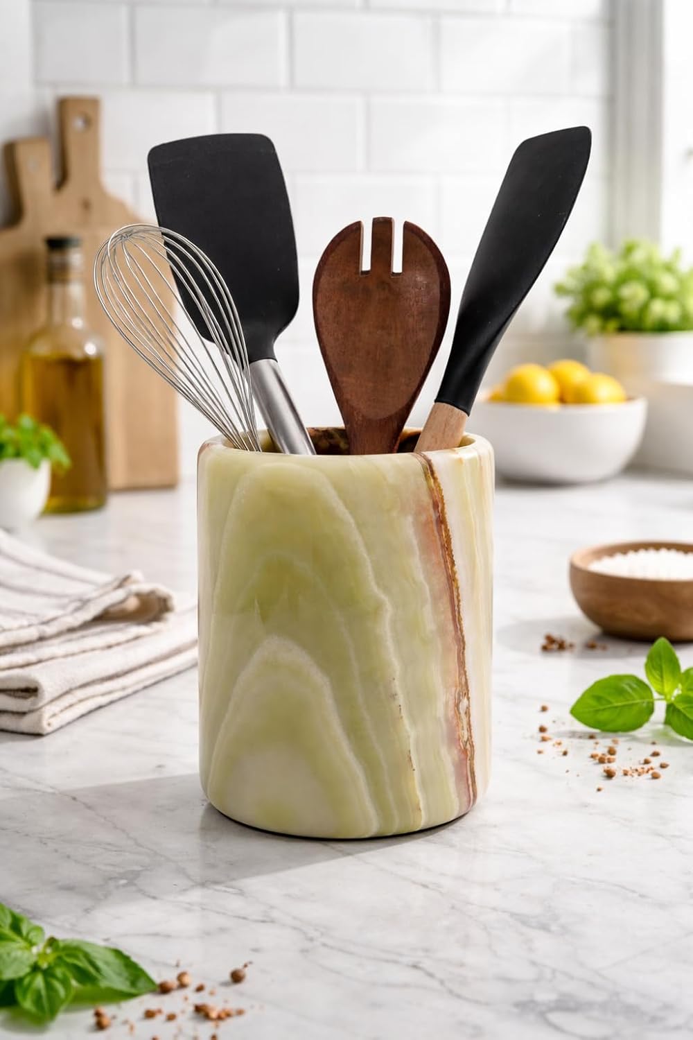 Marble Utensil Holder 6.5 Inch Green Wooden Cooking Utensils Set & Spatula Organizer for Kitchen Counter, Stone Utensil Crock & Caddy for Spoon Holder & Farmhouse Decor