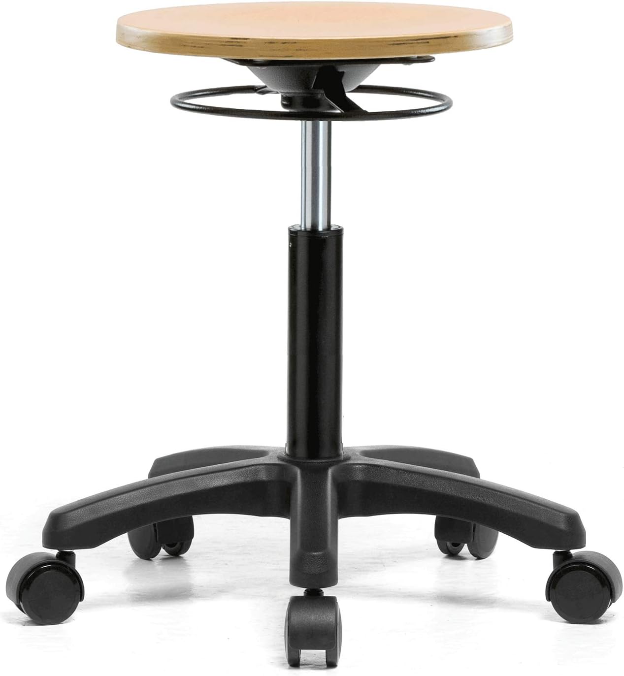 Perch Wood Rolling Pneumatic Stool, All Around Adjustment Ring and Wheels for Hardwood or Tile Floors, Desk Height