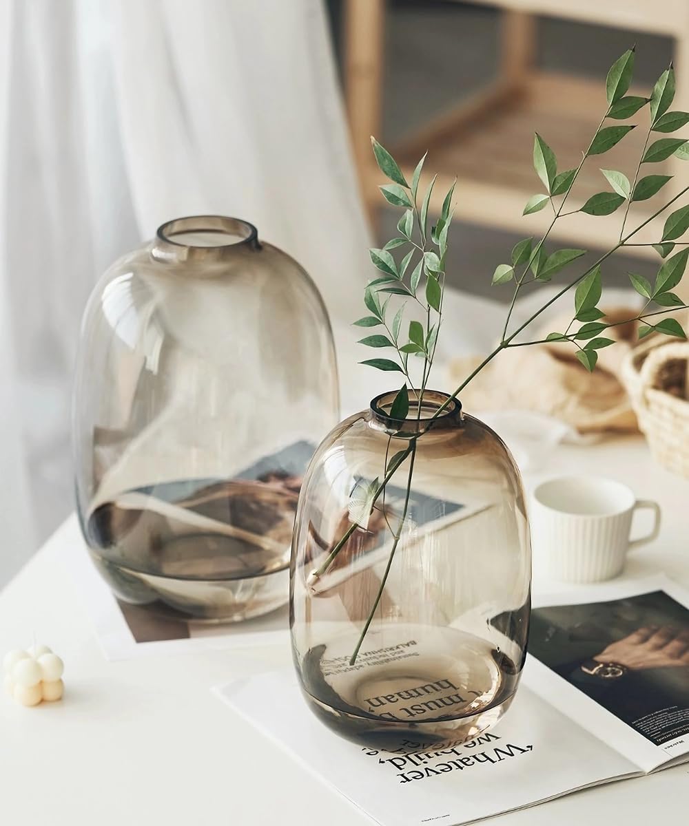 GeLive Brown Glass Vase Round Clear Colored Flower Vase for Centerpiece Long Stem Branch Fresh Artificial Plant Bottle Modern Home Indoor Decoration (Brown)